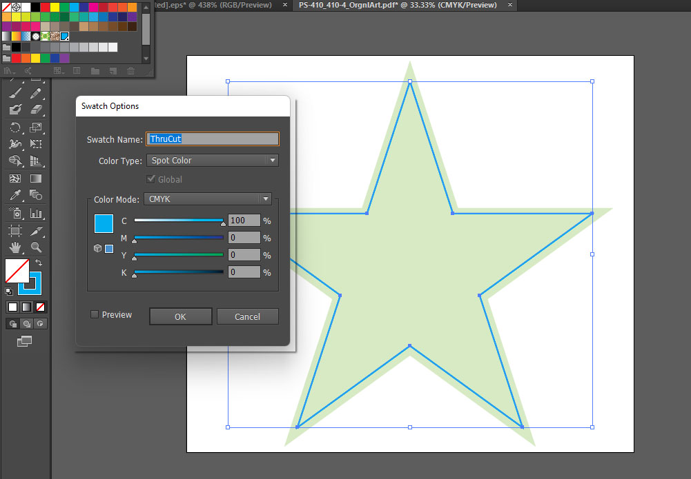 Adobe Illustrator showing a ThruCut spot color with bleed past the cut line