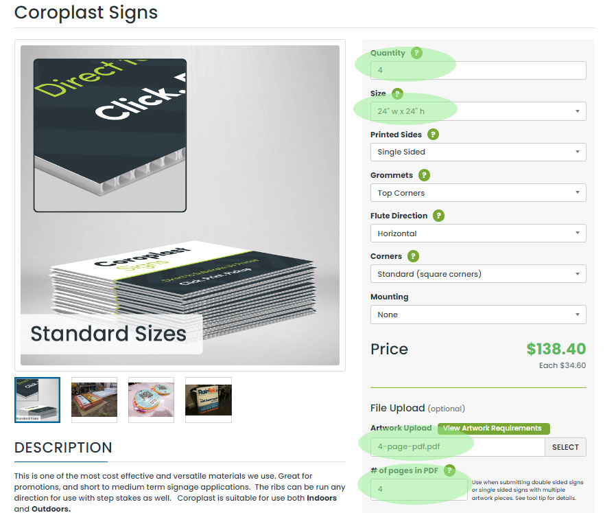 Order configurator showing a 4-page PDF for 4 unique signs